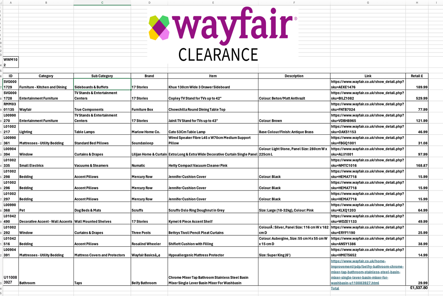 WWP102 WAYFAIR CLEARANCE PALLET - RETAIL VALUE £1537.80